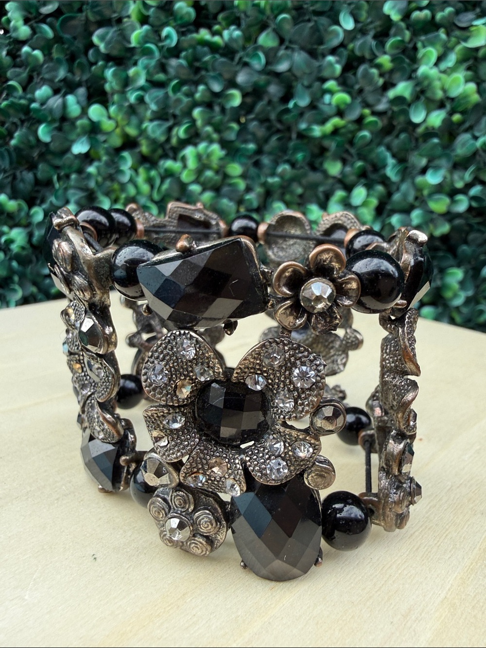 Repurposed Black Crystal Floral Statement Stretched Bracelet